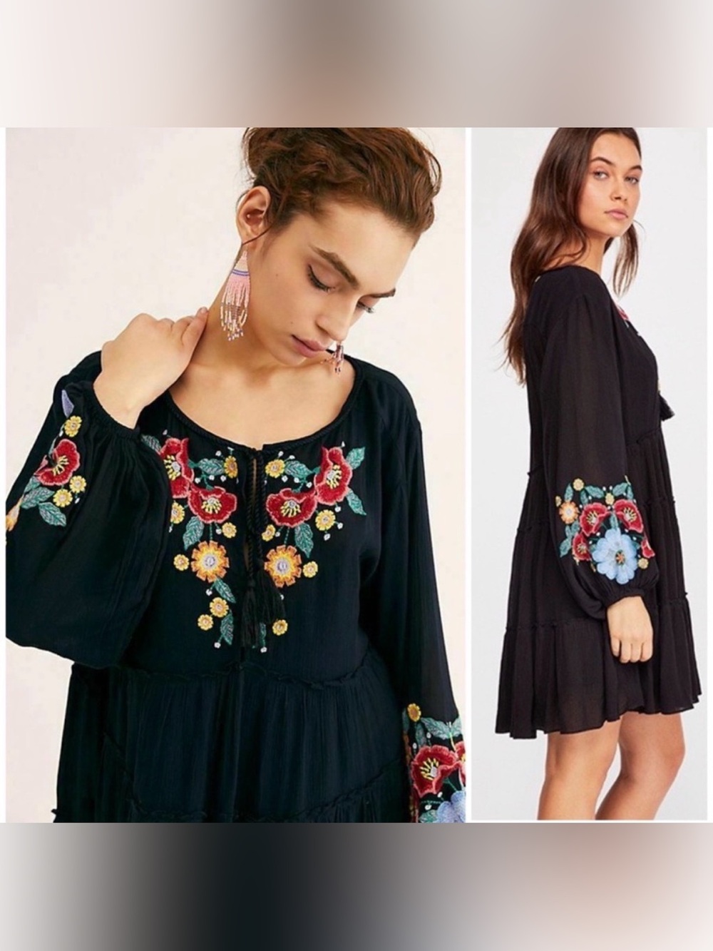 Free People Black Dress with Multicolor Floral Embroidery Boho Festival Size M